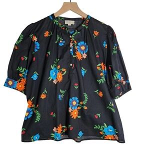 Loft Outlet Floral Strawberry Blouse L Black Short Sleeve‎